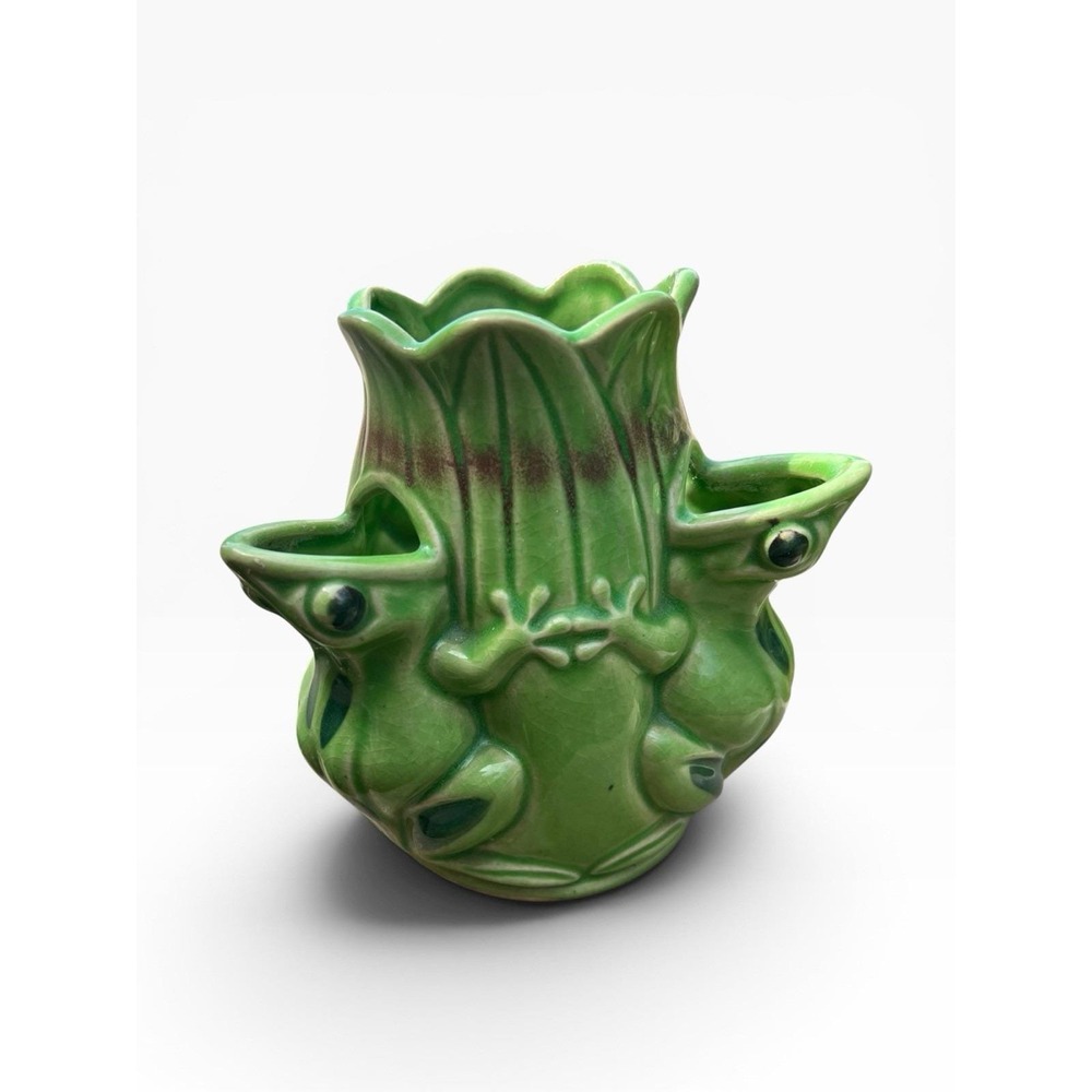 Antique Triple 3 Frog Strawberry Planter Vase Japan Green Majolica Style Pot VTG